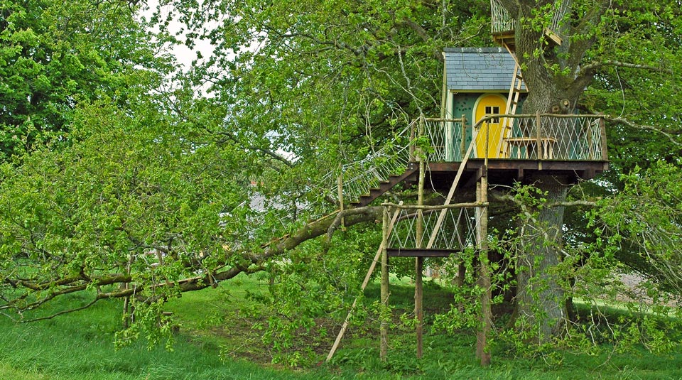Custom built multi-level children’s adventure treehouse in Ireland