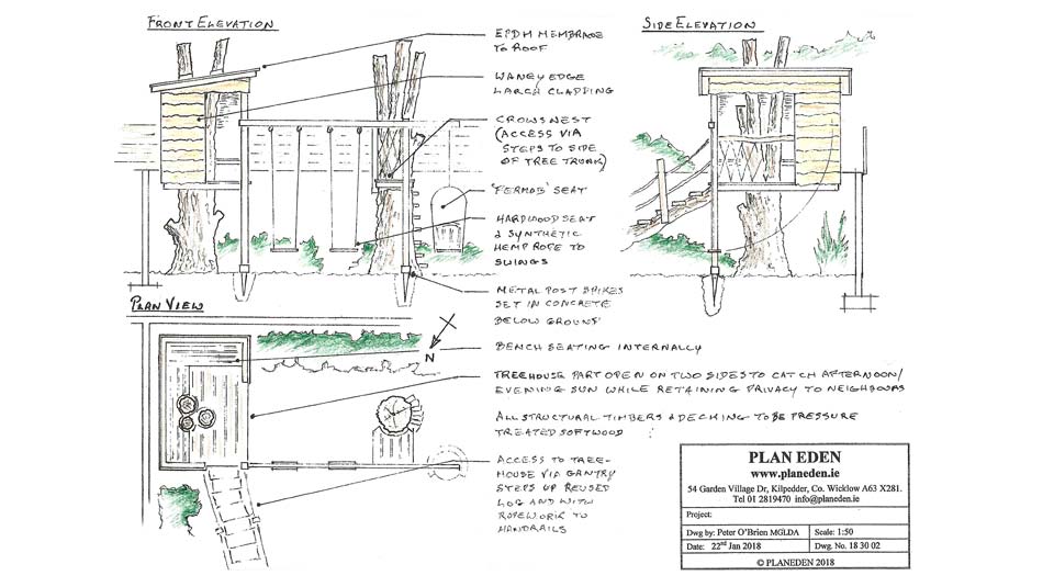Cosy children’s treehouse design plan in small Dublin garden