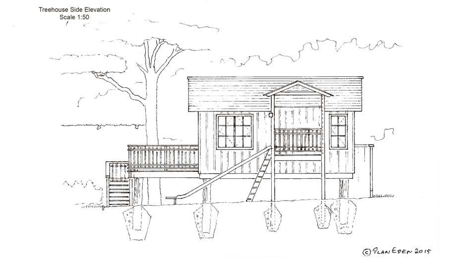 Design drawing for custom designed games room treehouse with play tower