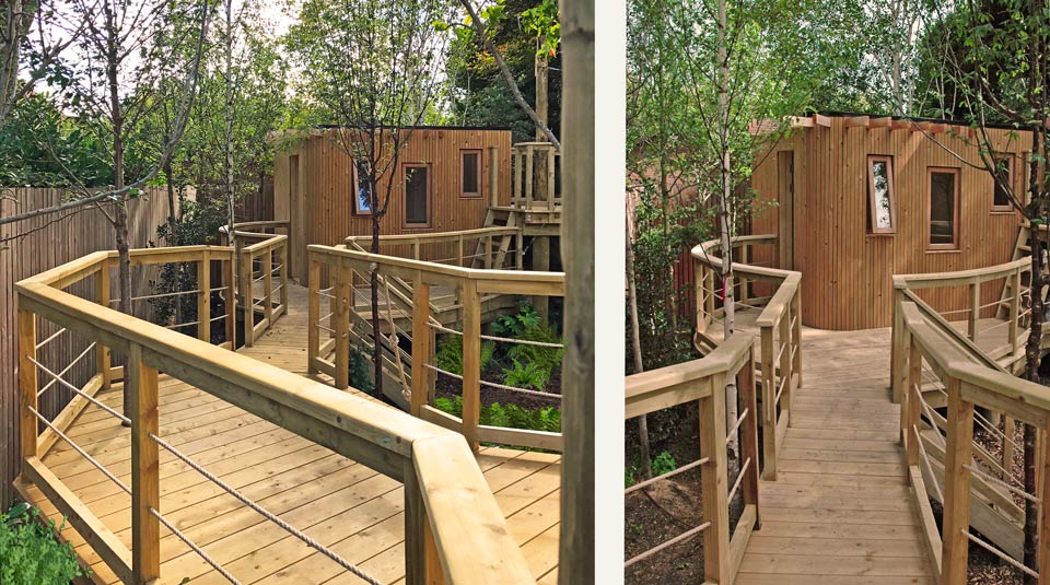 The elevated walkway & rope bridge give an indirect approach to the treehouse